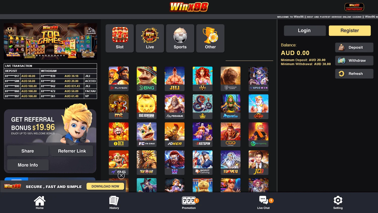 Winx96 Casino home on desktop