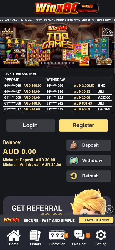 Winx96 Casino home on mobile