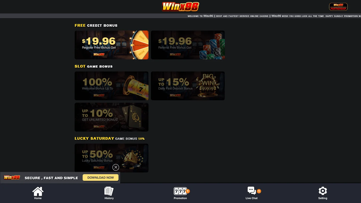 Winx96 Casino promotions on desktop